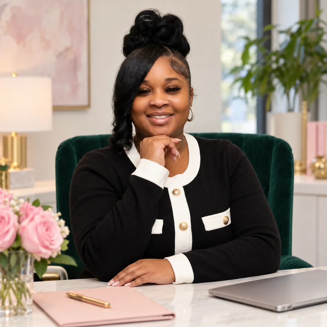 Shilah Turner smiling at her desk